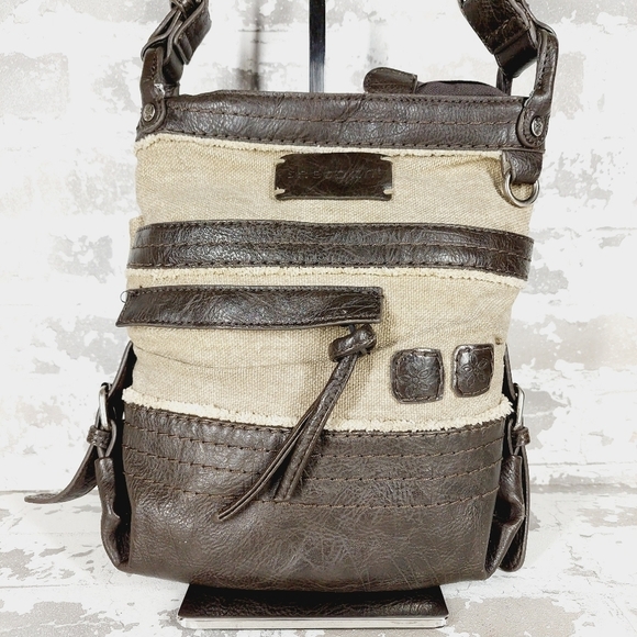 Sherpani Luna Brown Tan Leather Canvas Zip Pockets Crossbody Bag 0820 - Picture 2 of 15
